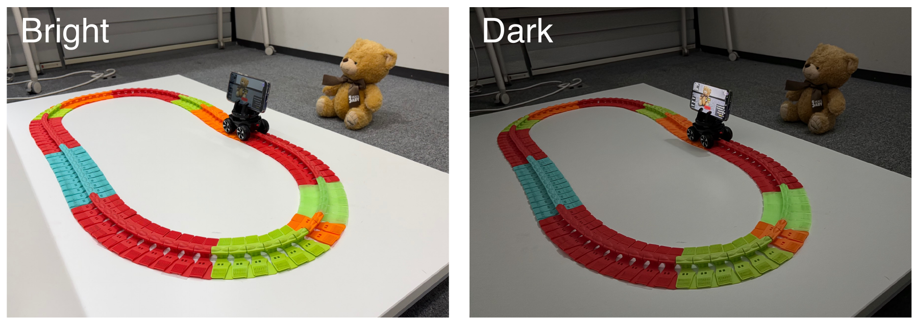 The same tabletop driving scene captured under Bright and Dark conditions, with a small camera-equipped RC car on a looped track and a teddy bear target.